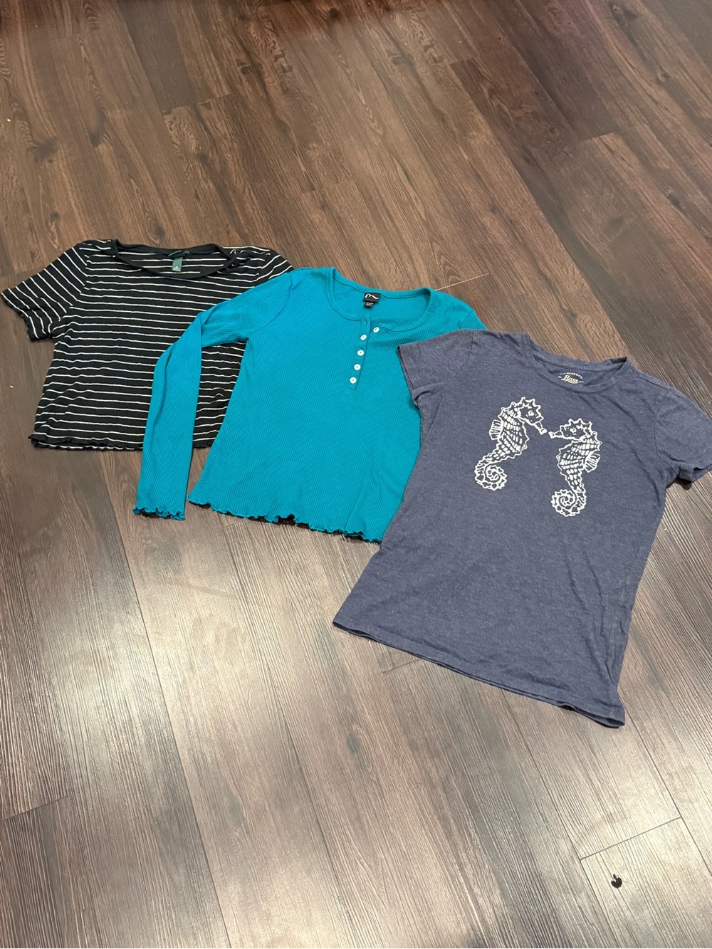 Three Girls' Tops Bundle - Black Stripe, Teal, Navy Seahorse